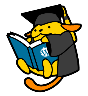 Cute yellow Wapuu character dressed for graduation and reading a book